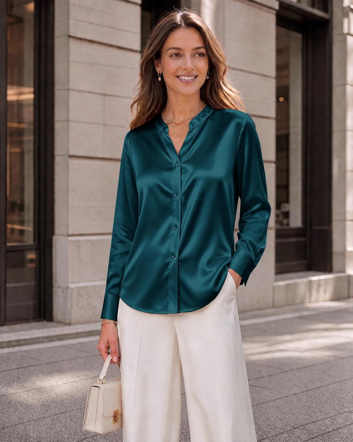 image:imageZeagoo Women Silk Satin Tops Long Sleeve Button Down Shirts S2XLBlue Green