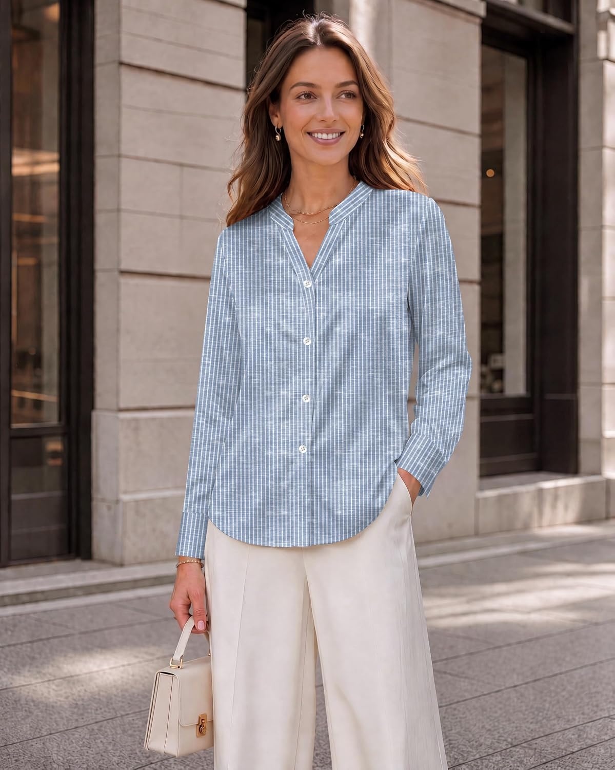 image:imageZeagoo Women Silk Satin Tops Long Sleeve Button Down Shirts S2XLBlue Stripe
