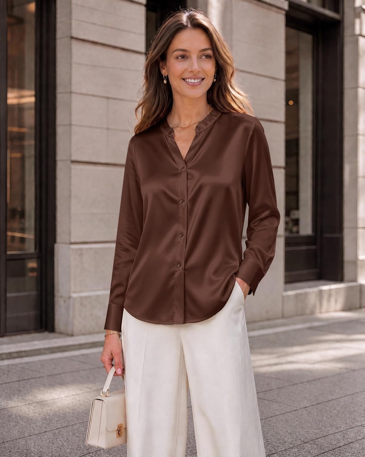 image:imageZeagoo Women Silk Satin Tops Long Sleeve Button Down Shirts S2XLBrown