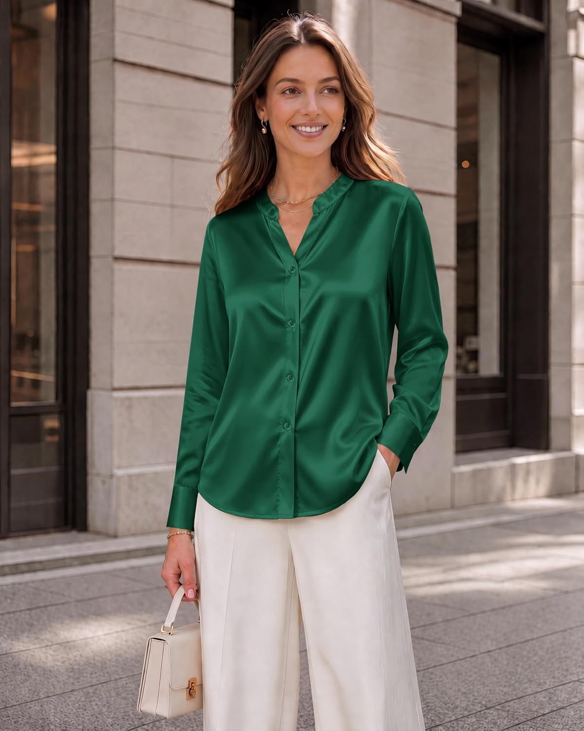 image:imageZeagoo Women Silk Satin Tops Long Sleeve Button Down Shirts S2XLGreen