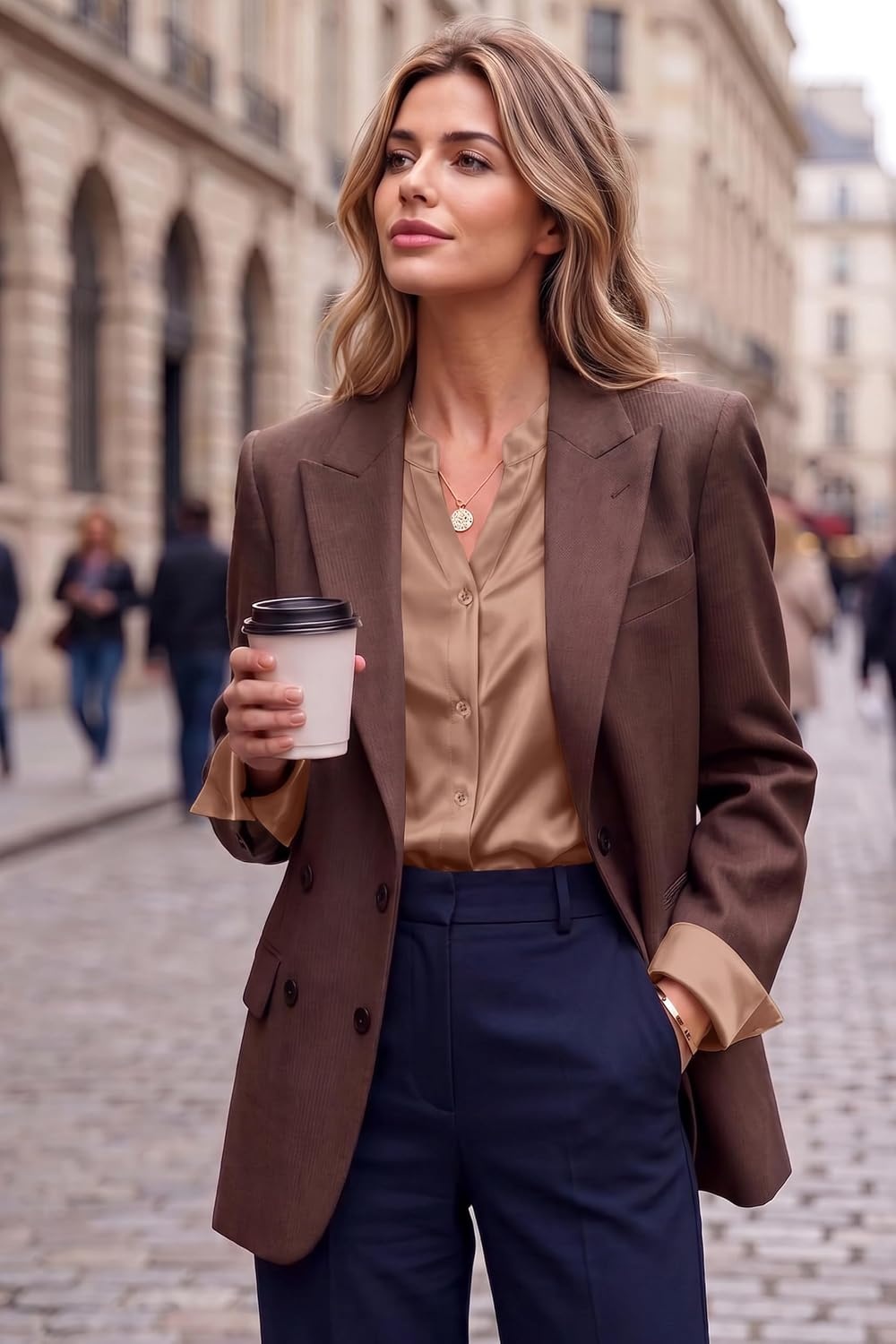 image:imageZeagoo Women Silk Satin Tops Long Sleeve Button Down Shirts S2XLLight Coffee