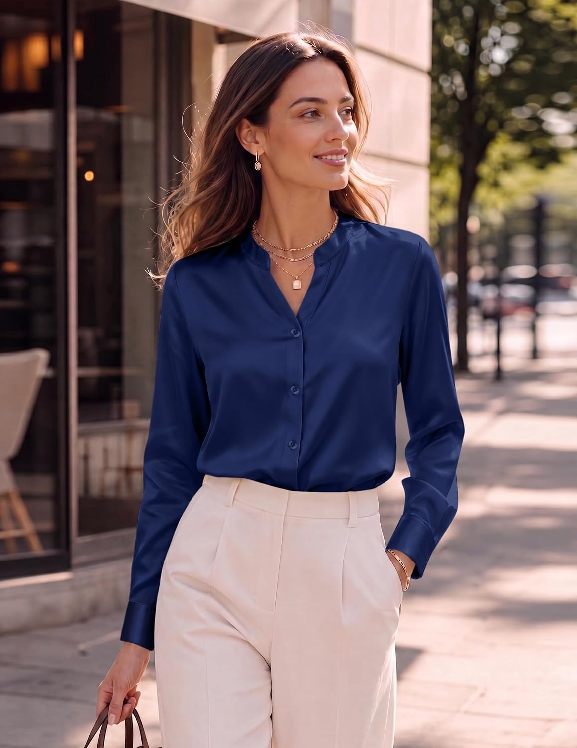 image:imageZeagoo Women Silk Satin Tops Long Sleeve Button Down Shirts S2XLNavy Blue
