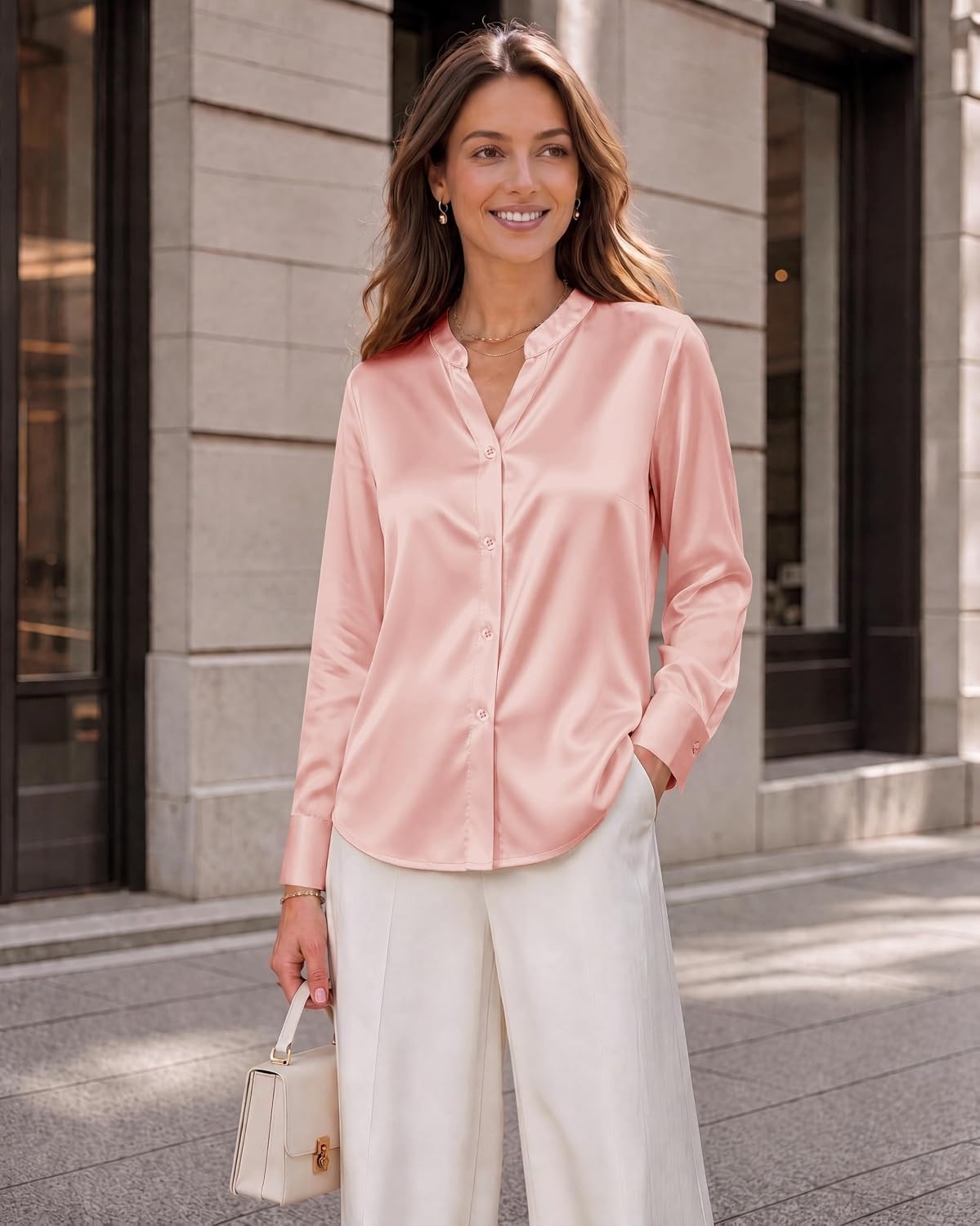 image:imageZeagoo Women Silk Satin Tops Long Sleeve Button Down Shirts S2XLPink