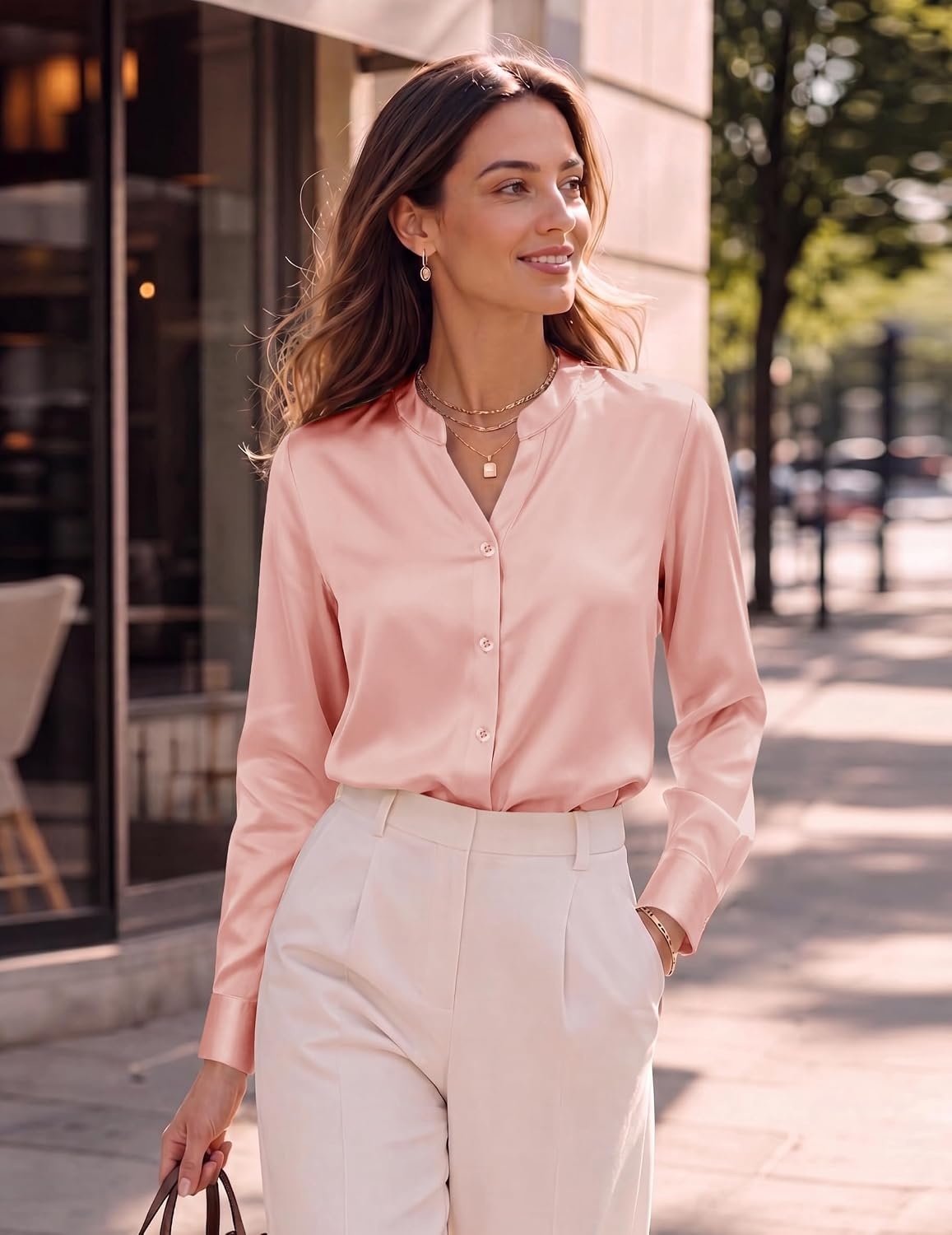 image:imageZeagoo Women Silk Satin Tops Long Sleeve Button Down Shirts S2XLPink