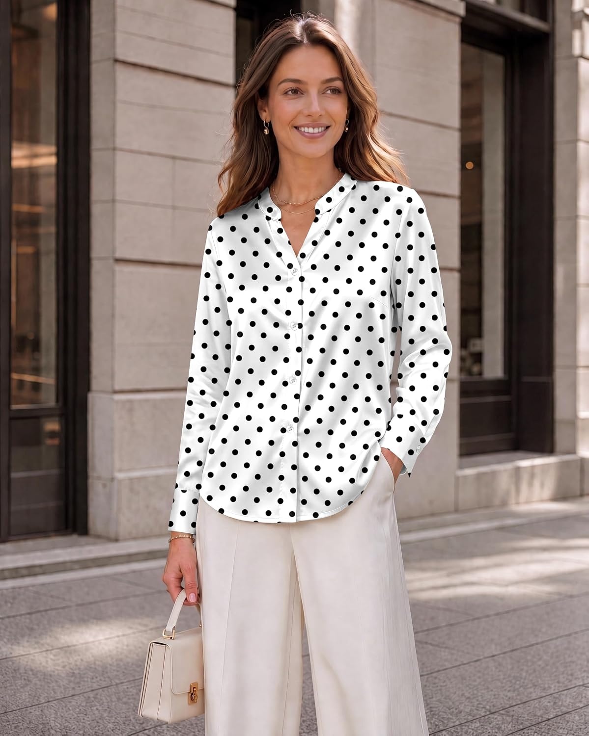 image:imageZeagoo Women Silk Satin Tops Long Sleeve Button Down Shirts S2XLPolka Dots