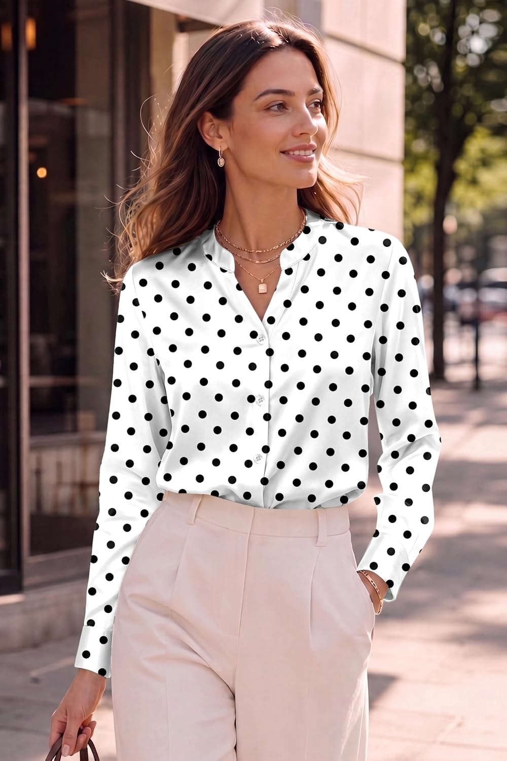 image:imageZeagoo Women Silk Satin Tops Long Sleeve Button Down Shirts S2XLPolka Dots