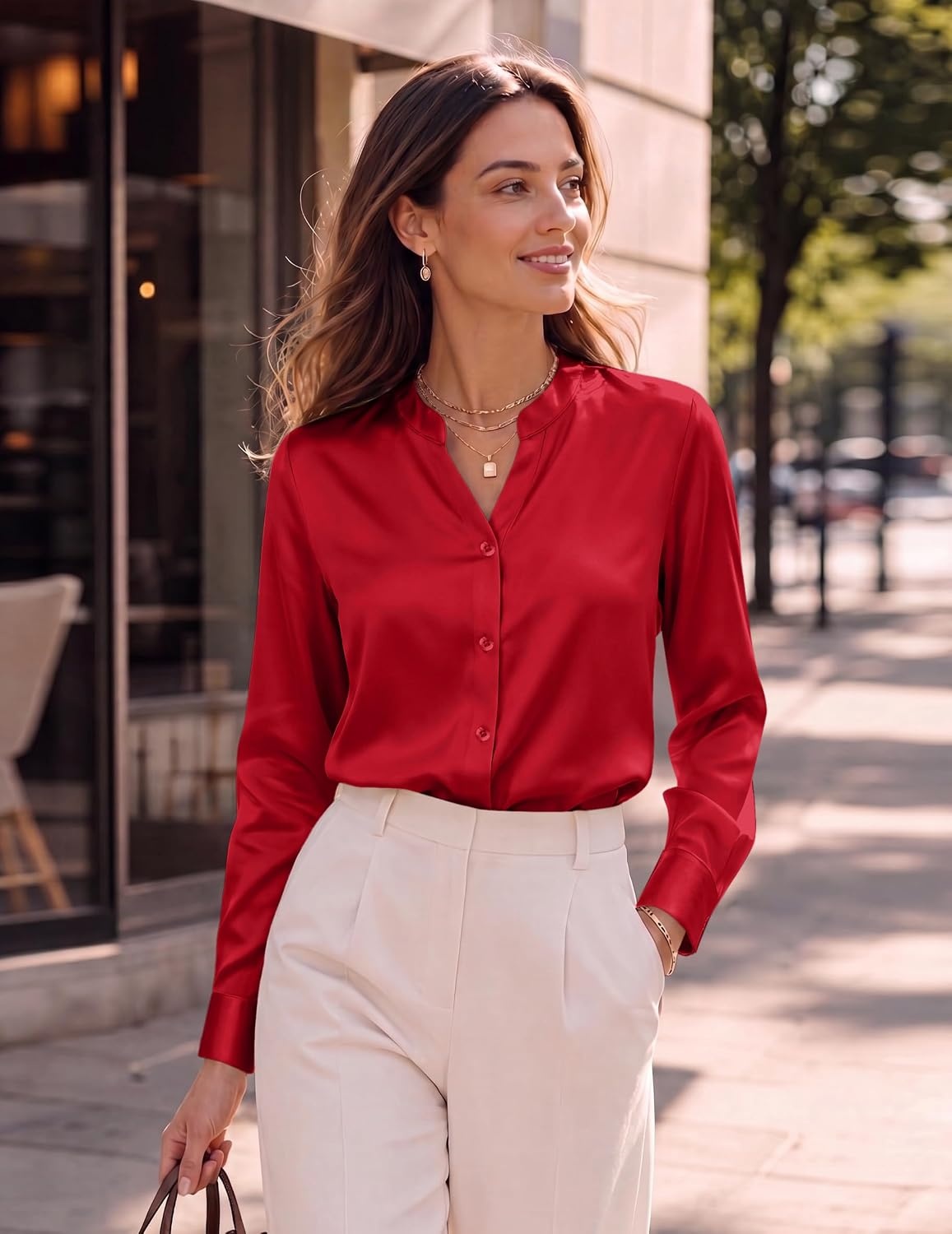 image:imageZeagoo Women Silk Satin Tops Long Sleeve Button Down Shirts S2XLRed