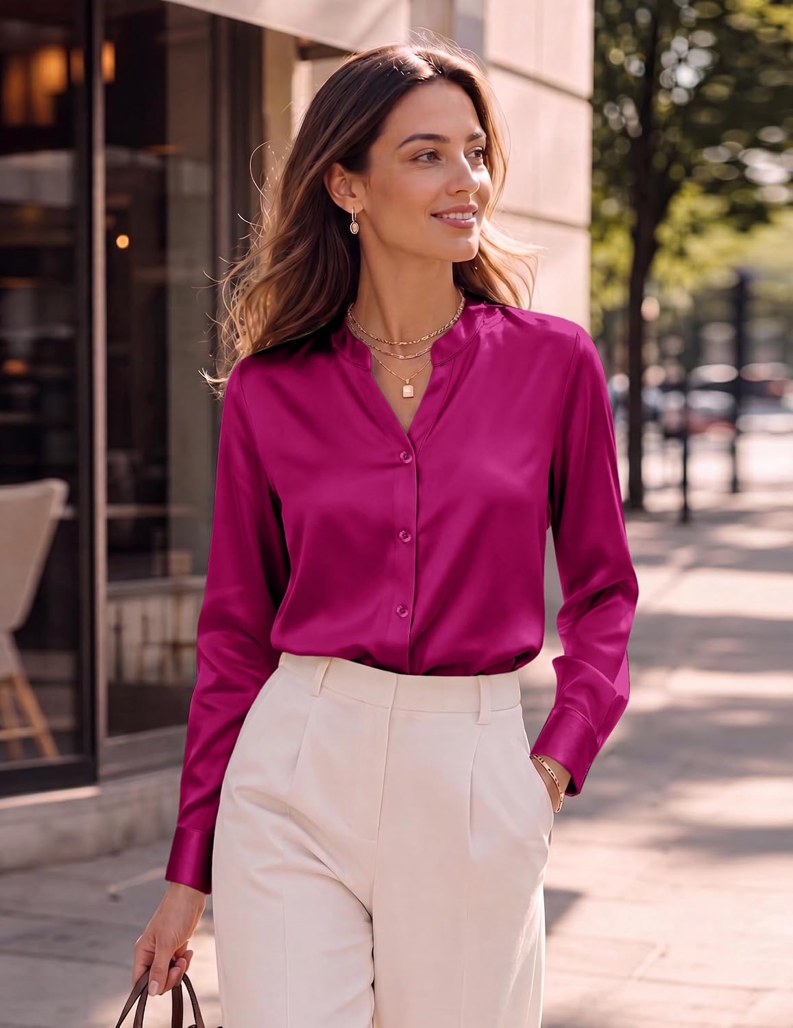 image:imageZeagoo Women Silk Satin Tops Long Sleeve Button Down Shirts S2XLRose Red
