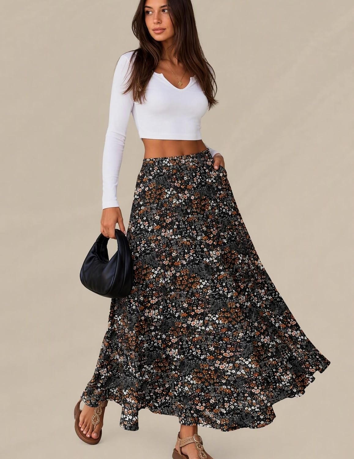 image:imageZeagoo Womens Chiffon Elastic High Waist Pleated Maxi Skirt with Pockets01xh566