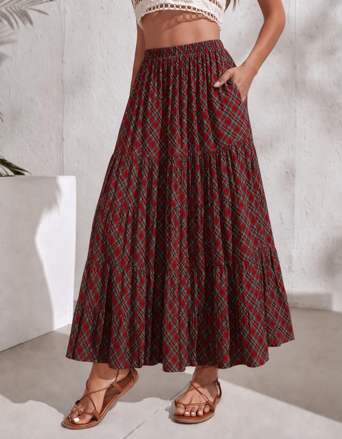 image:imageZeagoo Womens Chiffon Elastic High Waist Pleated Maxi Skirt with PocketsGz53