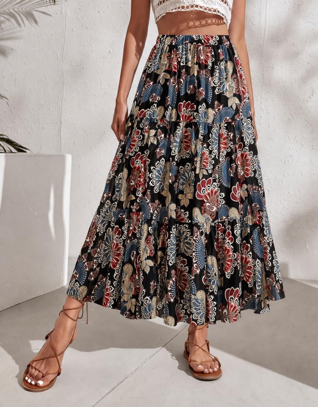image:imageZeagoo Womens Chiffon Elastic High Waist Pleated Maxi Skirt with PocketsMz951