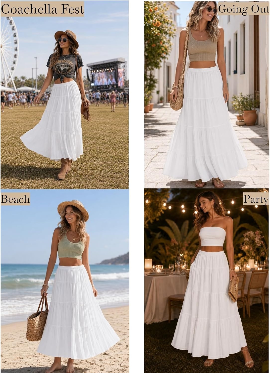 image:imageZeagoo Womens Chiffon Elastic High Waist Pleated Maxi Skirt with PocketsWhite