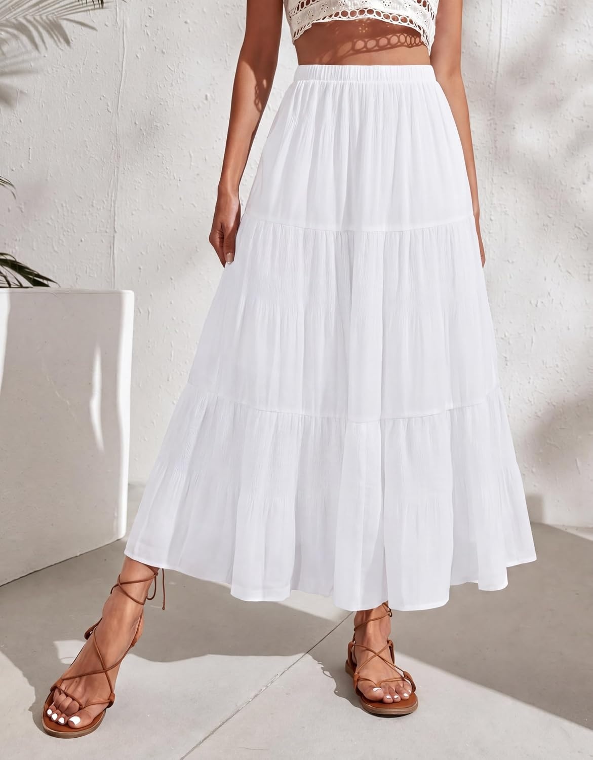 image:imageZeagoo Womens Chiffon Elastic High Waist Pleated Maxi Skirt with PocketsWhite