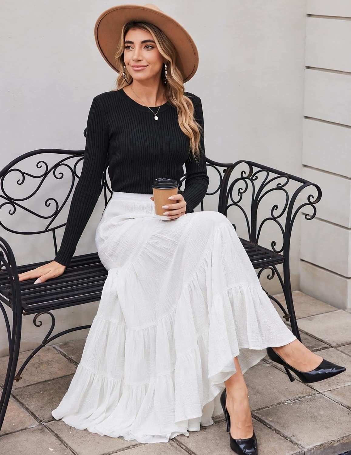 image:imageZeagoo Womens Chiffon Elastic High Waist Pleated Maxi Skirt with PocketsWhite