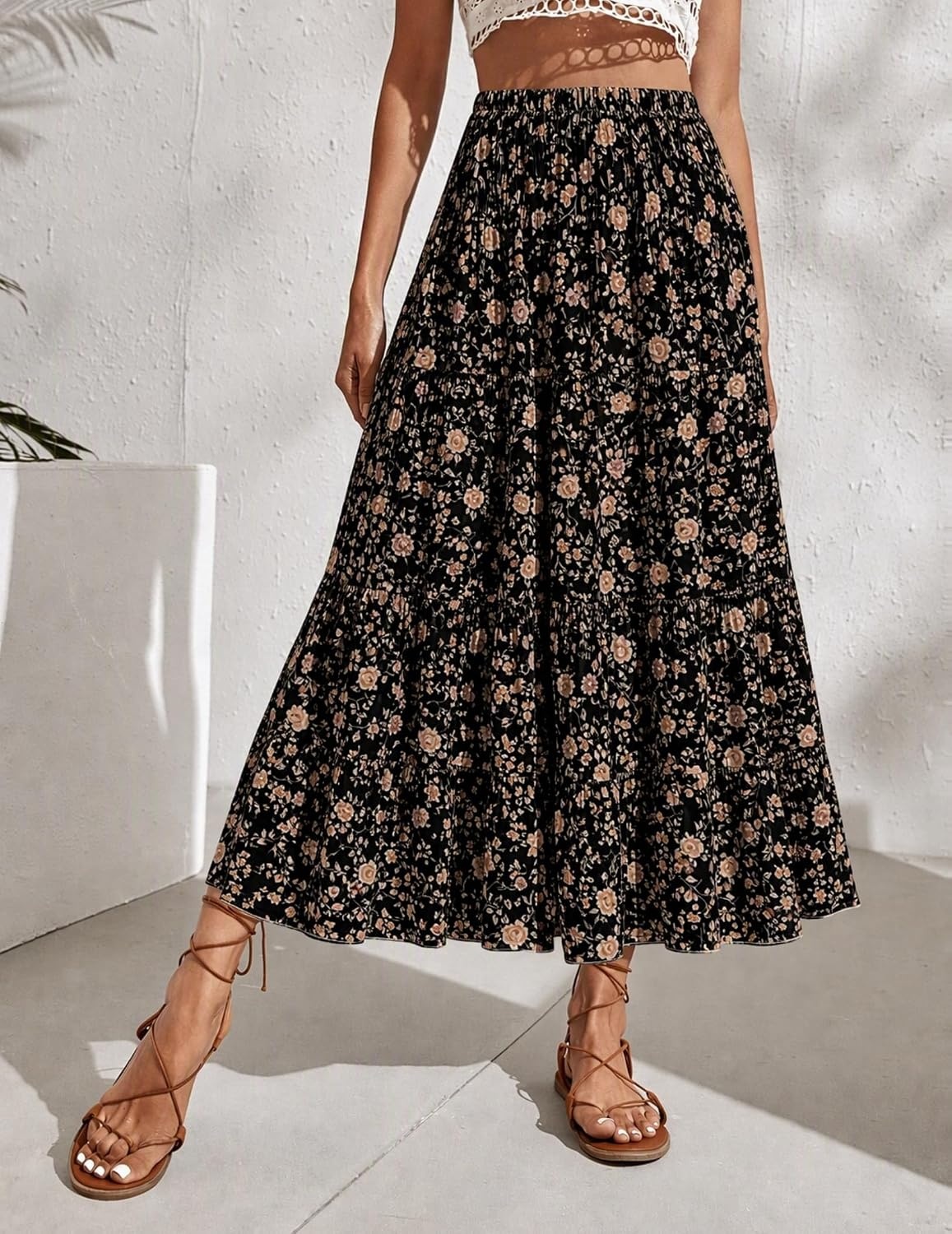image:imageZeagoo Womens Chiffon Elastic High Waist Pleated Maxi Skirt with PocketsXh532