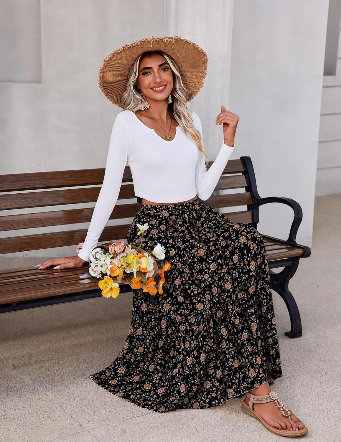 image:imageZeagoo Womens Chiffon Elastic High Waist Pleated Maxi Skirt with PocketsXh532