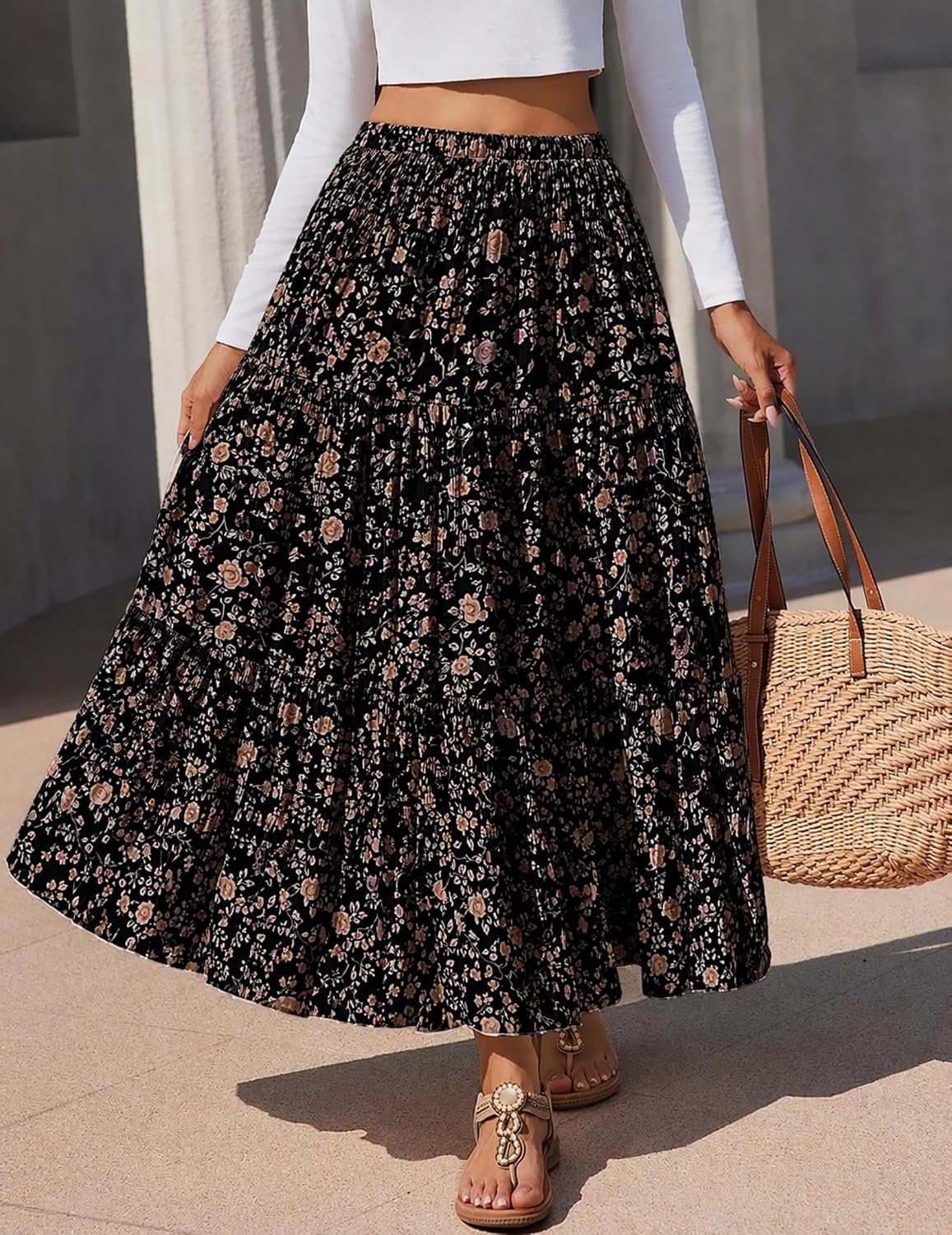image:imageZeagoo Womens Chiffon Elastic High Waist Pleated Maxi Skirt with PocketsXh532