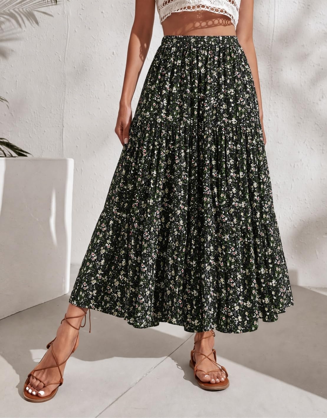 image:imageZeagoo Womens Chiffon Elastic High Waist Pleated Maxi Skirt with PocketsXh577