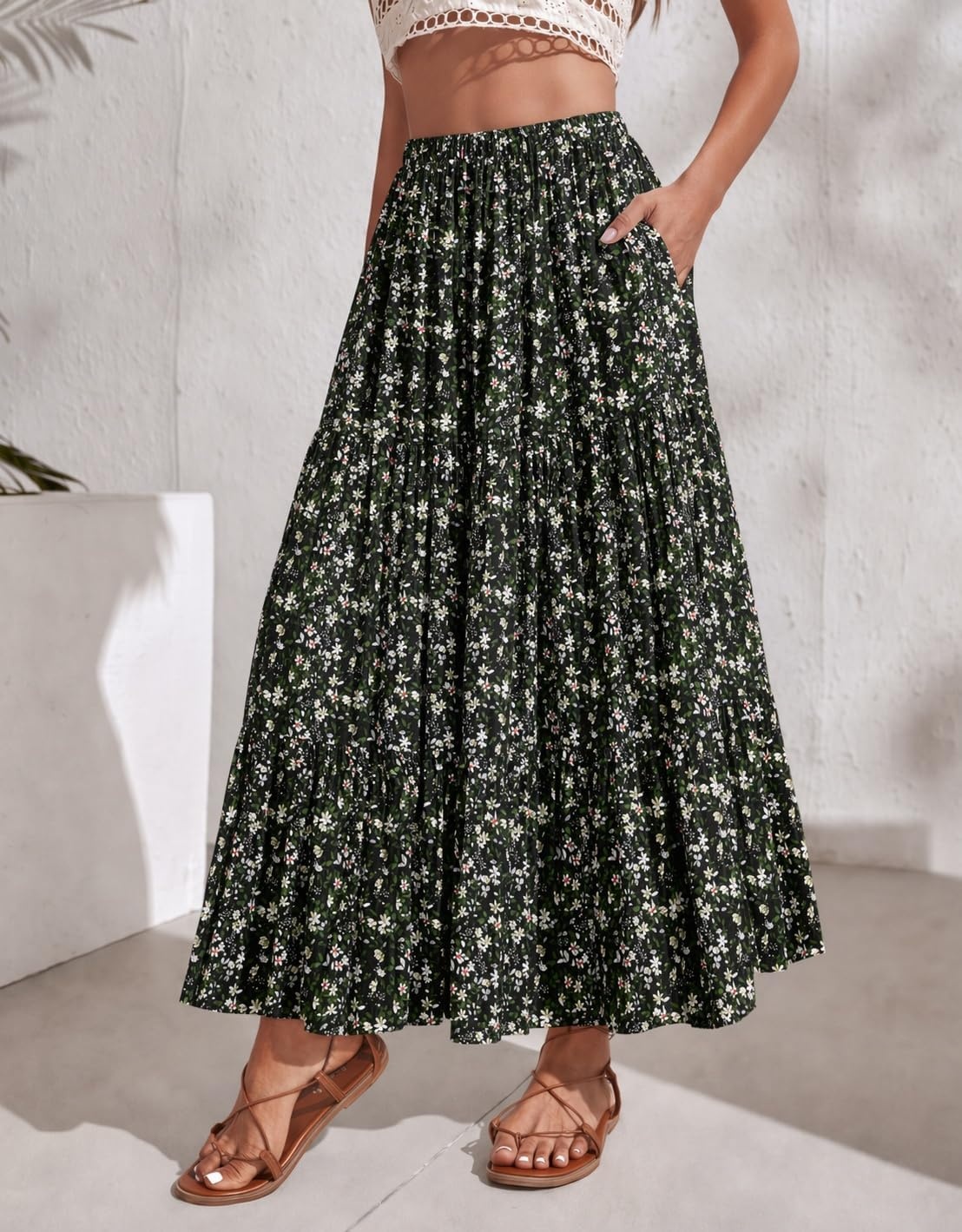image:imageZeagoo Womens Chiffon Elastic High Waist Pleated Maxi Skirt with PocketsXh577