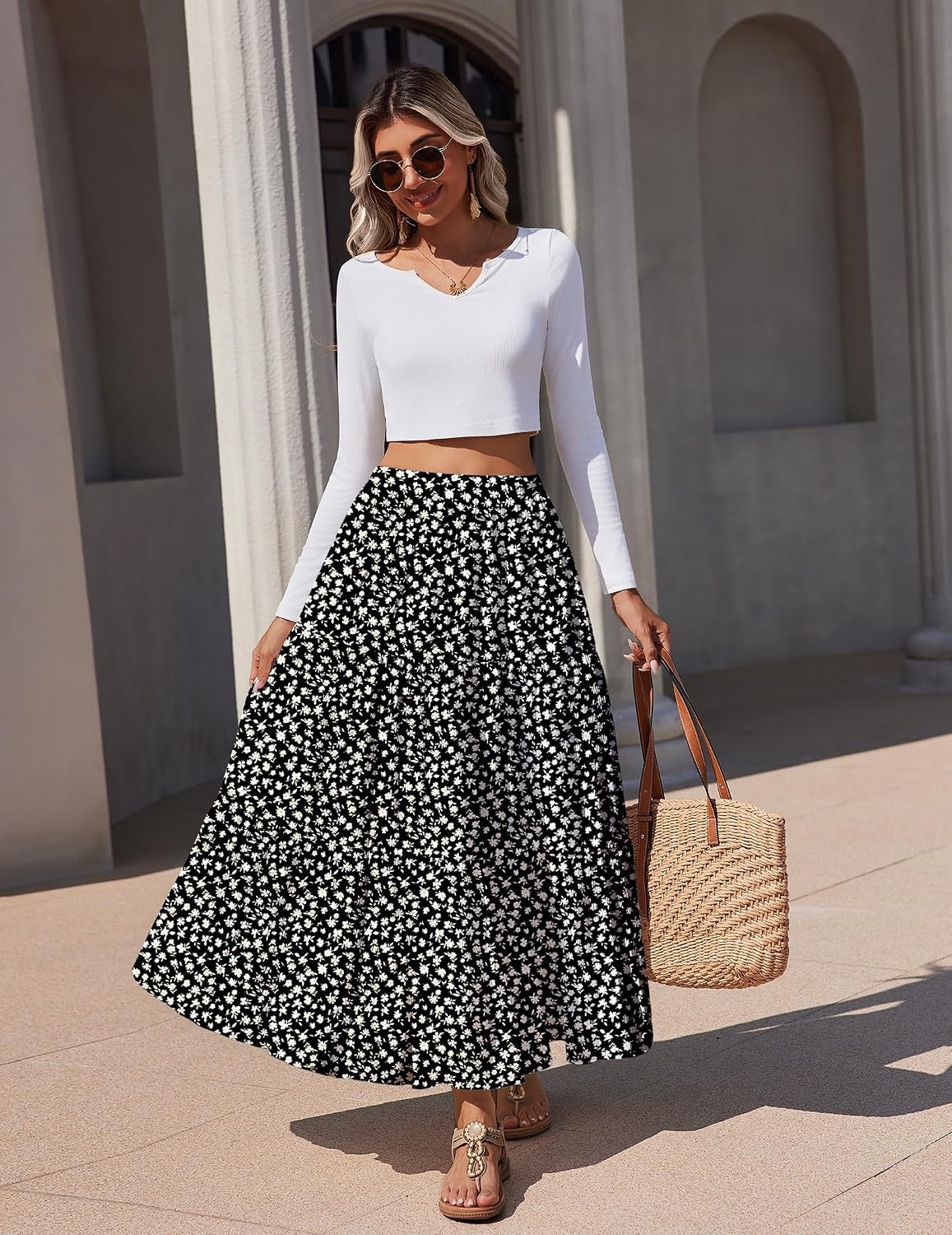 image:imageZeagoo Womens Chiffon Elastic High Waist Pleated Maxi Skirt with PocketsXh581