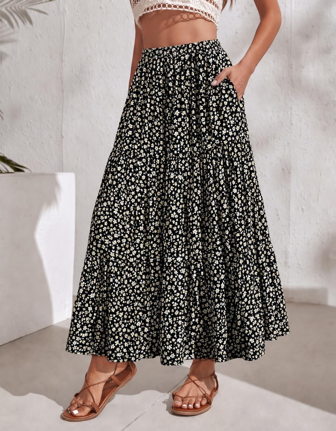 image:imageZeagoo Womens Chiffon Elastic High Waist Pleated Maxi Skirt with PocketsXh581