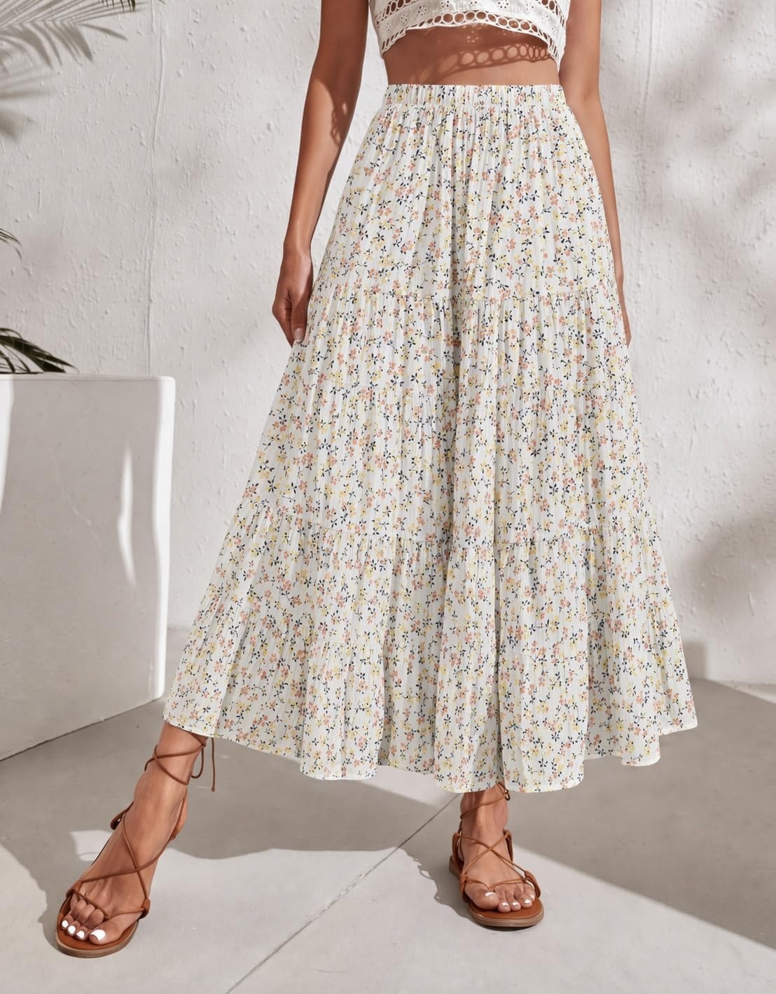 image:imageZeagoo Womens Chiffon Elastic High Waist Pleated Maxi Skirt with PocketsXh584