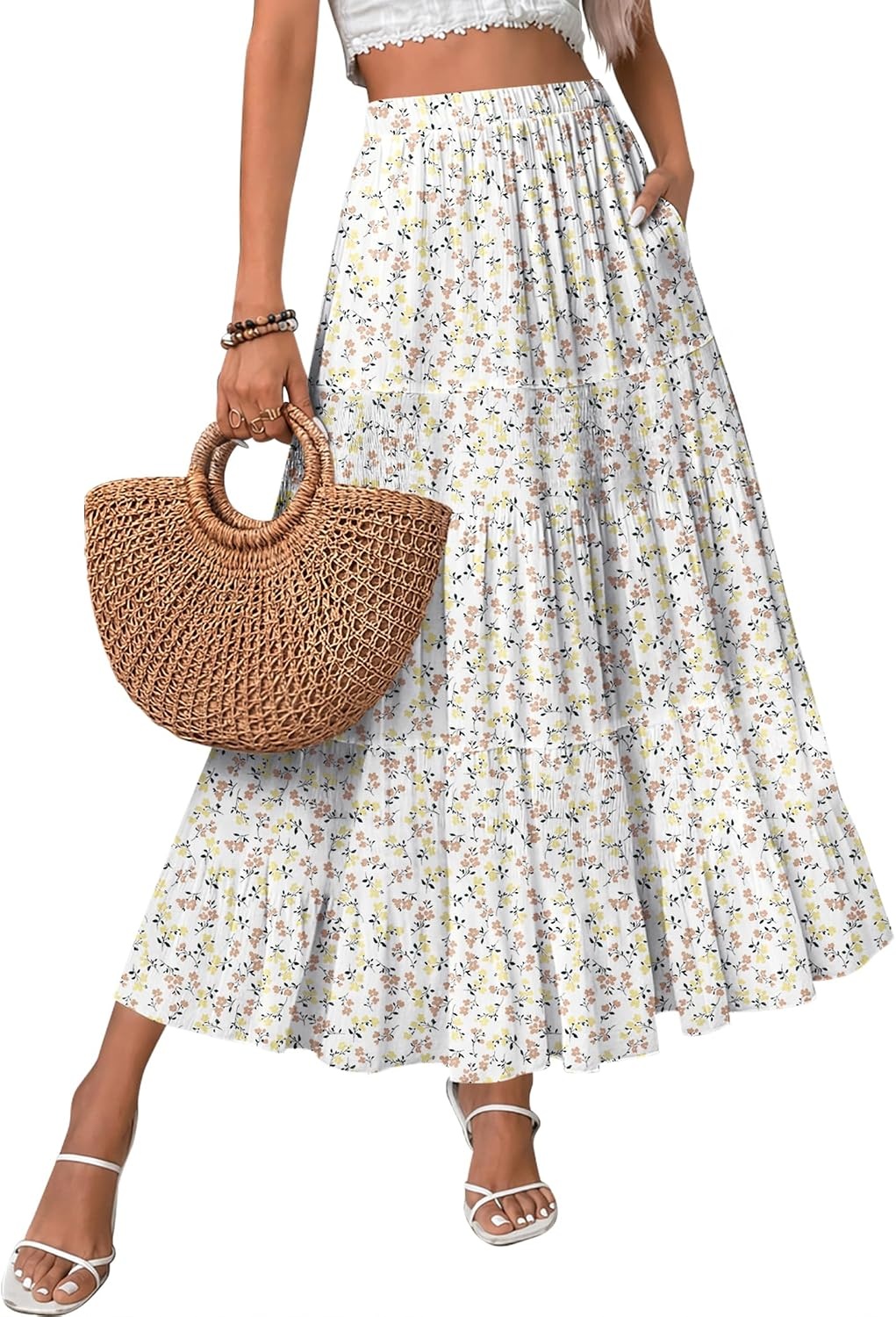 image:imageZeagoo Womens Chiffon Elastic High Waist Pleated Maxi Skirt with PocketsXh584