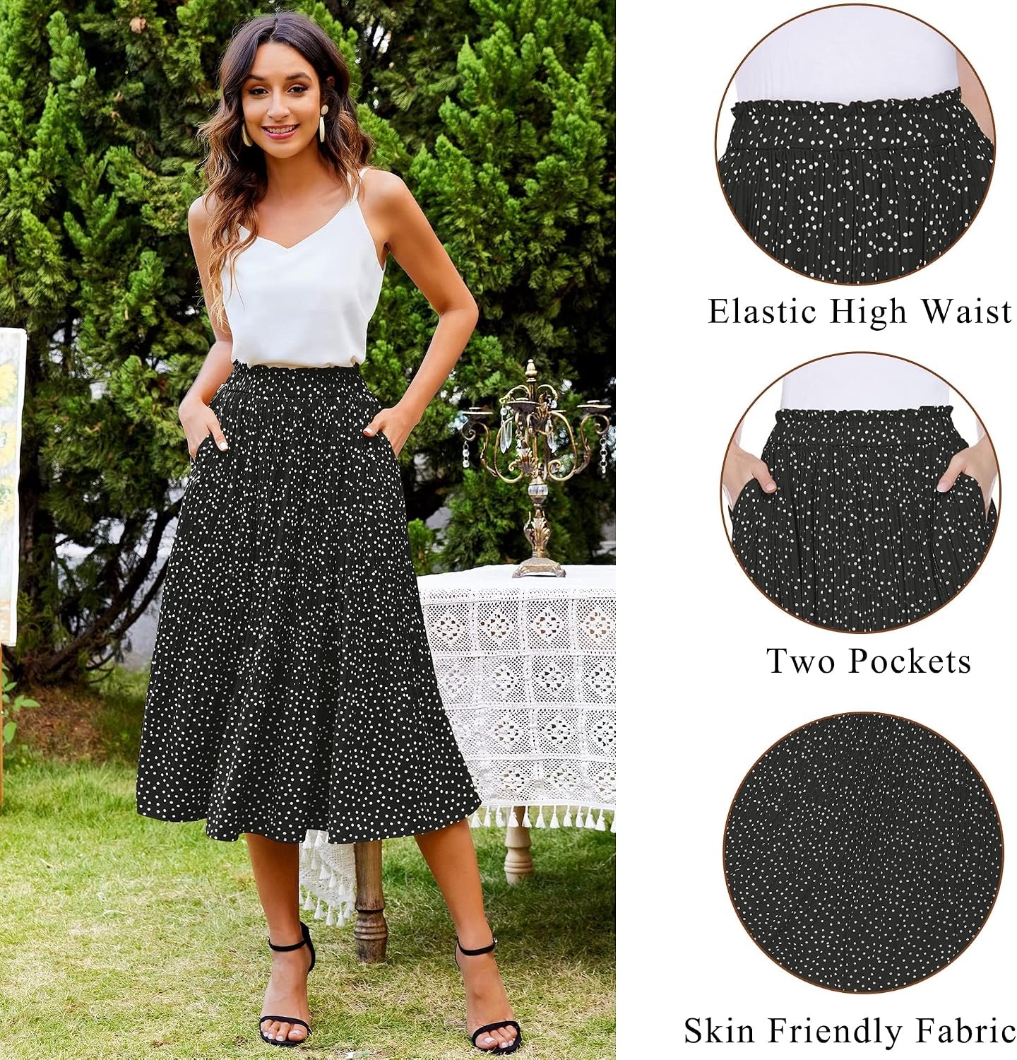 image:imageZeagoo Womens Midi Skirts High Waisted Pleated ALine Swing Skirts Summer Long Skirts with Pockets03blcack Floral