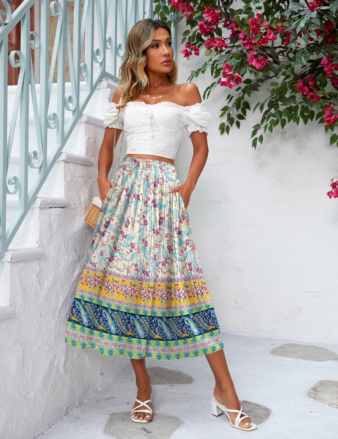 image:imageZeagoo Womens Midi Skirts High Waisted Pleated ALine Swing Skirts Summer Long Skirts with PocketsApricotboho