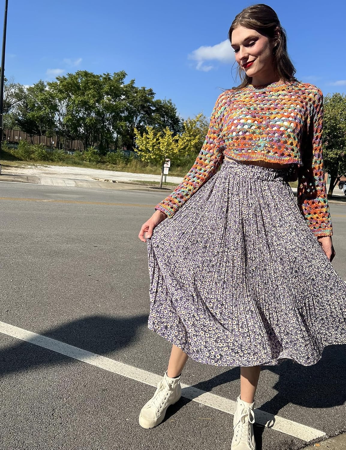 image:imageZeagoo Womens Midi Skirts High Waisted Pleated ALine Swing Skirts Summer Long Skirts with PocketsFloralpurple