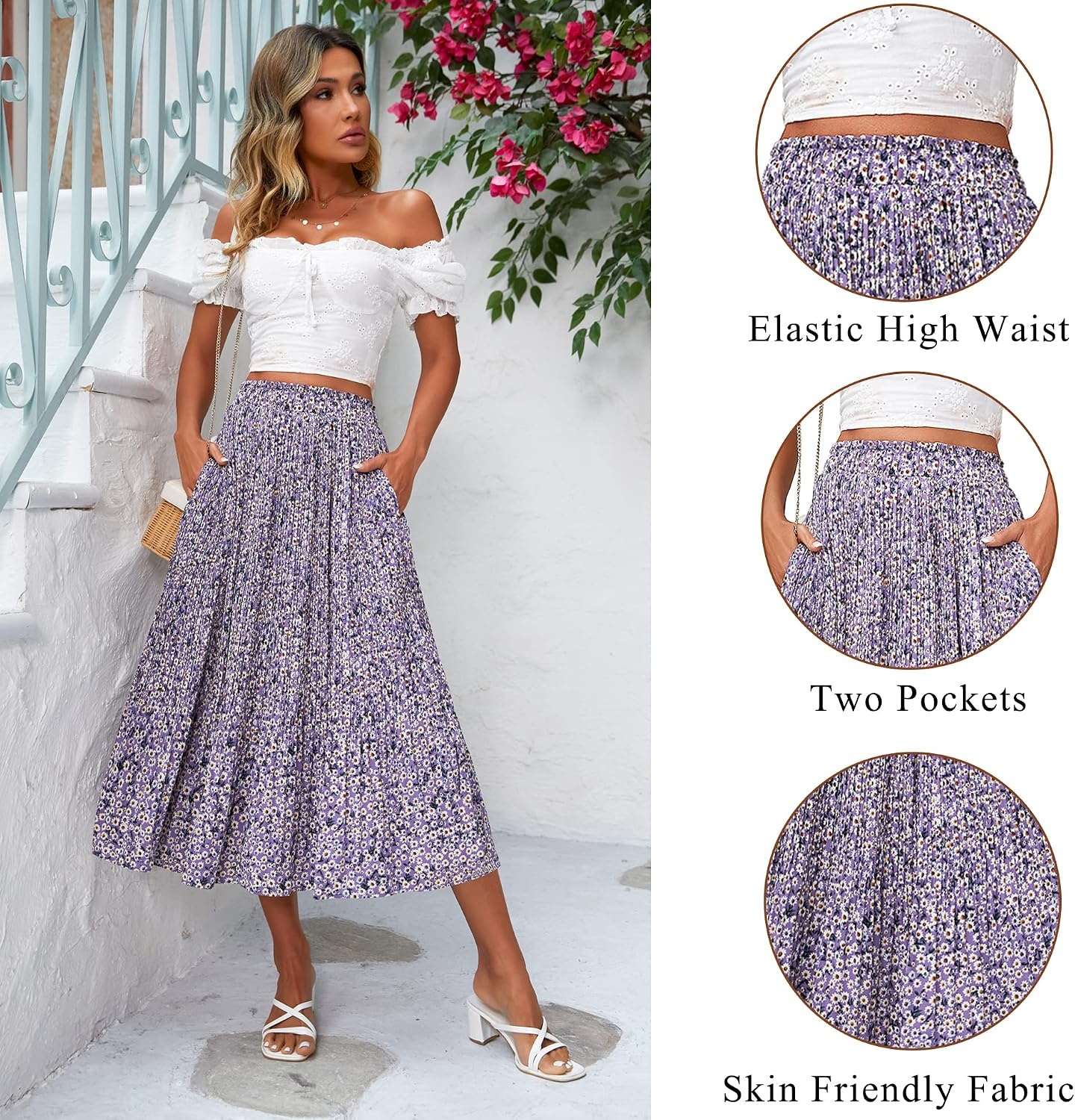 image:imageZeagoo Womens Midi Skirts High Waisted Pleated ALine Swing Skirts Summer Long Skirts with PocketsFloralpurple