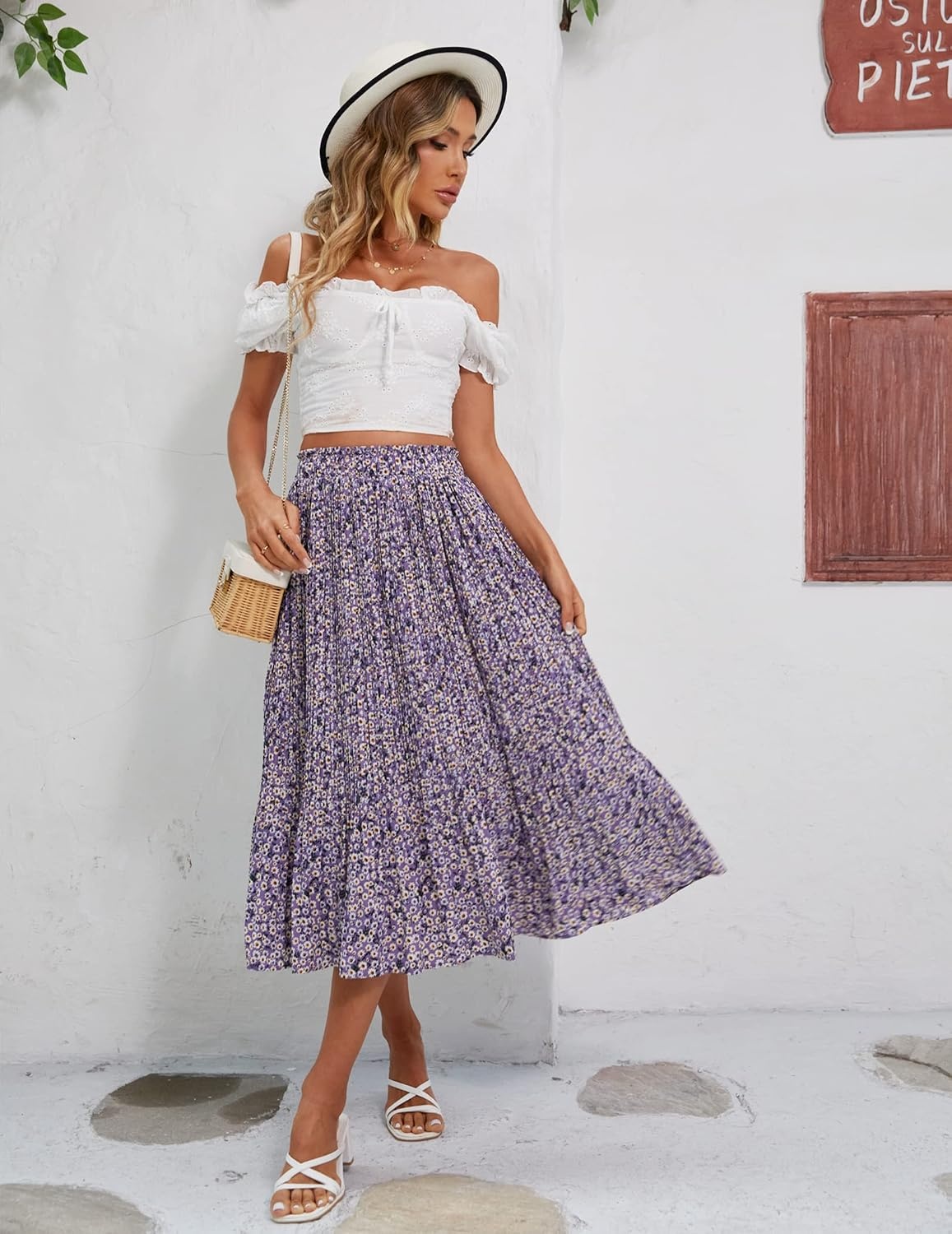 image:imageZeagoo Womens Midi Skirts High Waisted Pleated ALine Swing Skirts Summer Long Skirts with PocketsFloralpurple
