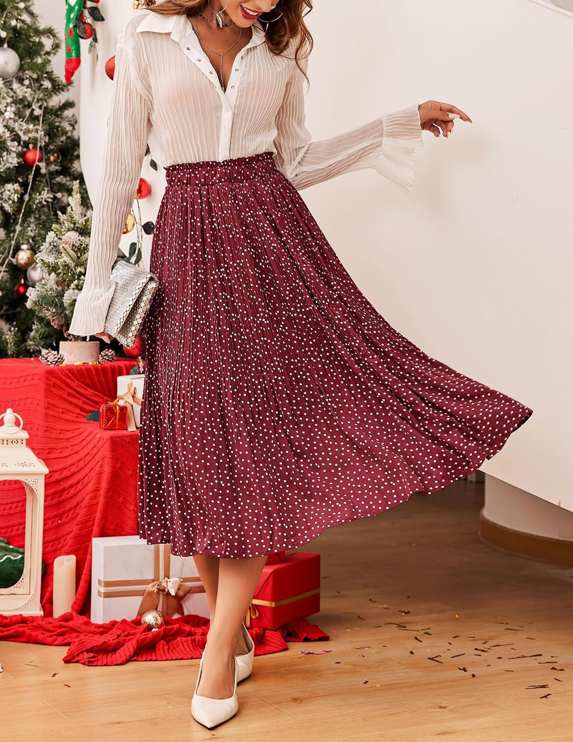 image:imageZeagoo Womens Midi Skirts High Waisted Pleated ALine Swing Skirts Summer Long Skirts with PocketsRed Round Dot