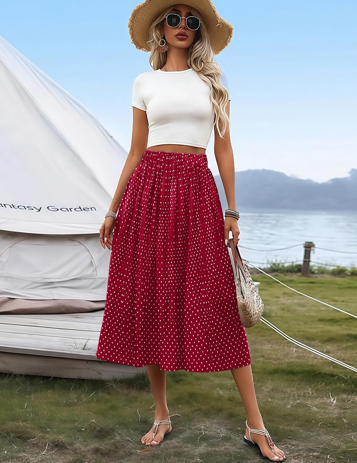 image:imageZeagoo Womens Midi Skirts High Waisted Pleated ALine Swing Skirts Summer Long Skirts with PocketsRed Round Dot