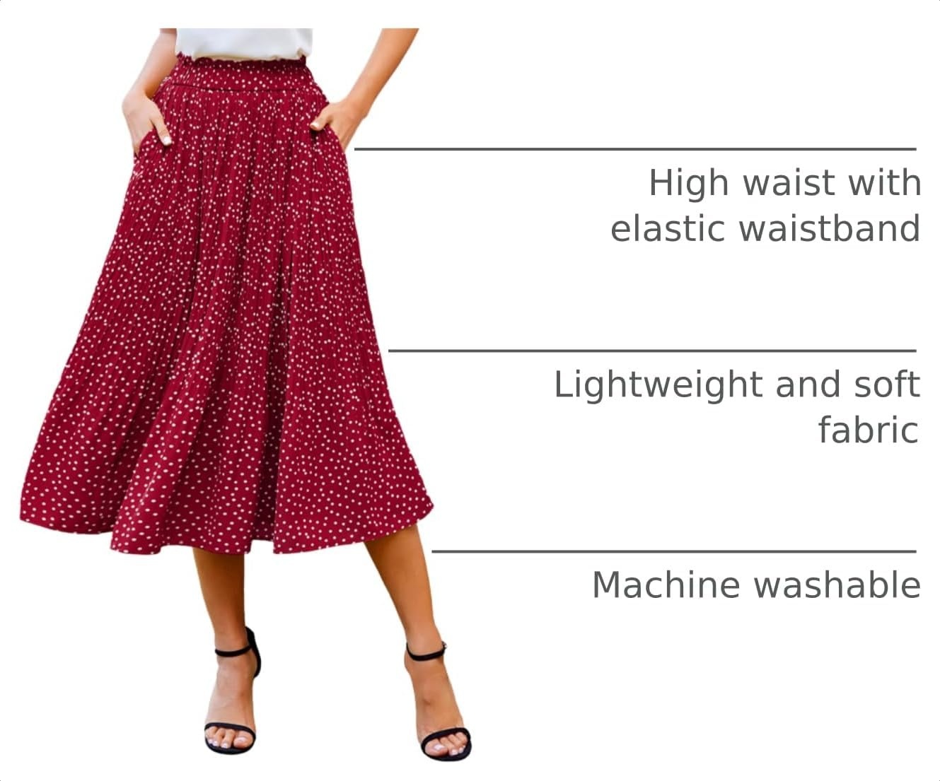 image:imageZeagoo Womens Midi Skirts High Waisted Pleated ALine Swing Skirts Summer Long Skirts with PocketsRed Round Dot