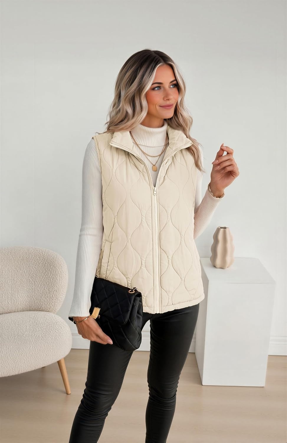 image:imageZeagoo Womens Puffer Vest Lightweight Quilted Coat Sleeveless JacketsBeige