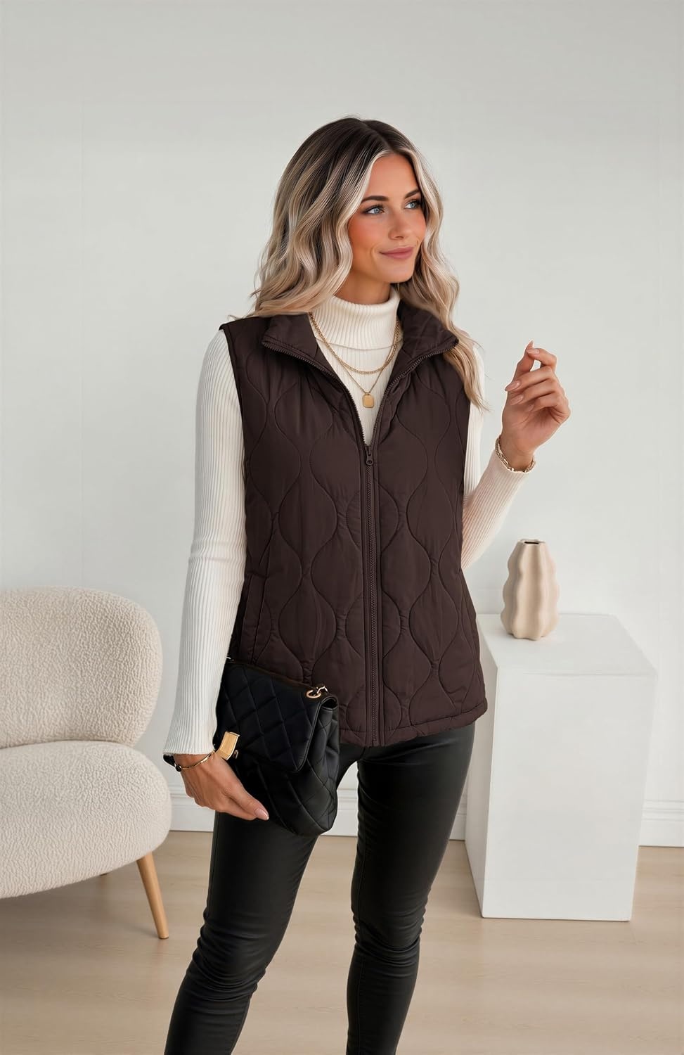 image:imageZeagoo Womens Puffer Vest Lightweight Quilted Coat Sleeveless JacketsBrown