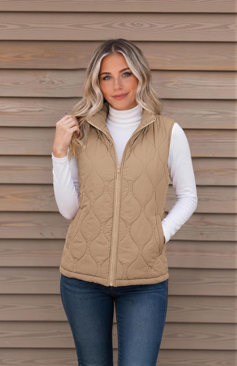 image:imageZeagoo Womens Puffer Vest Lightweight Quilted Coat Sleeveless JacketsKhaki