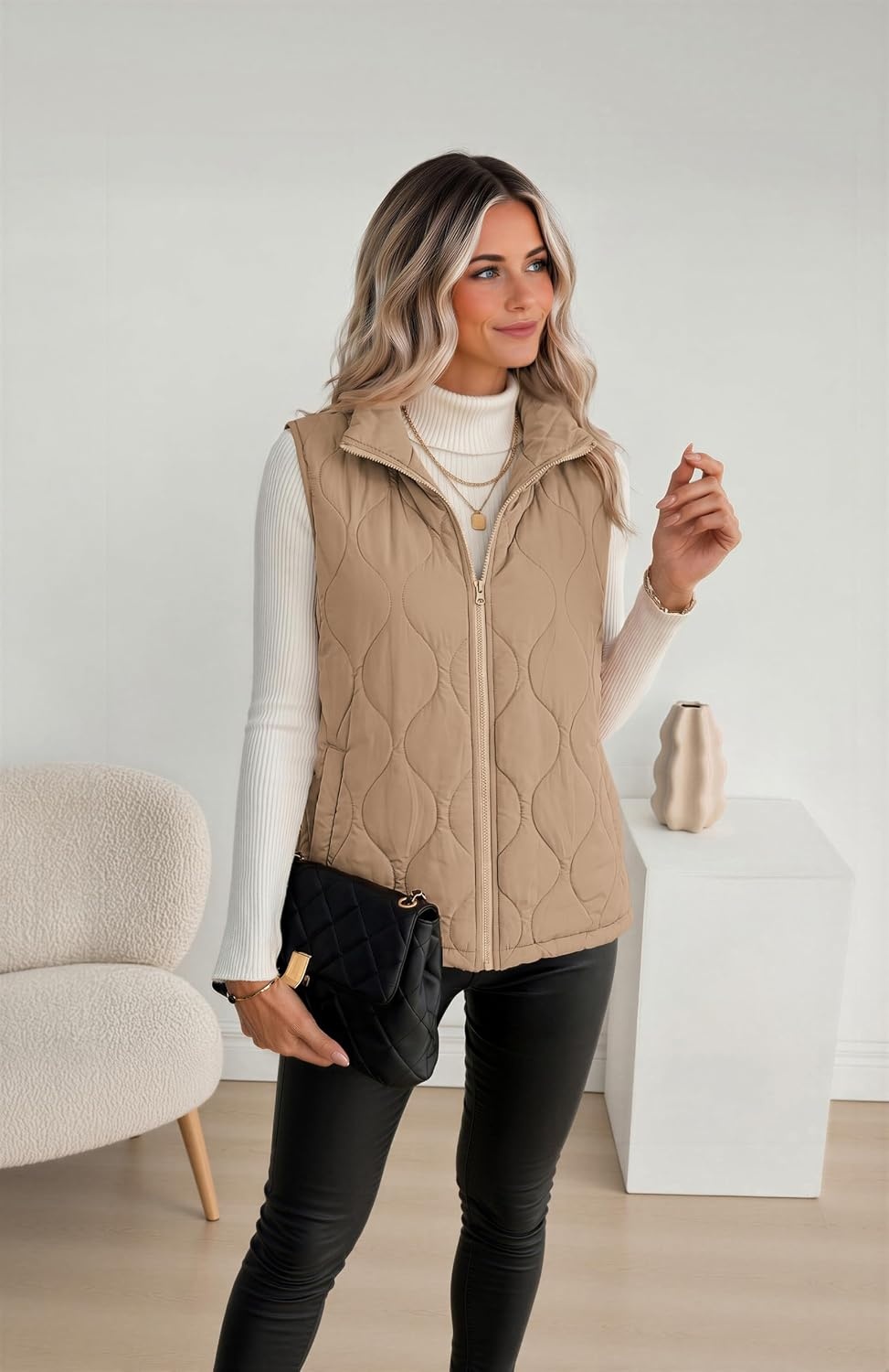 image:imageZeagoo Womens Puffer Vest Lightweight Quilted Coat Sleeveless JacketsKhaki