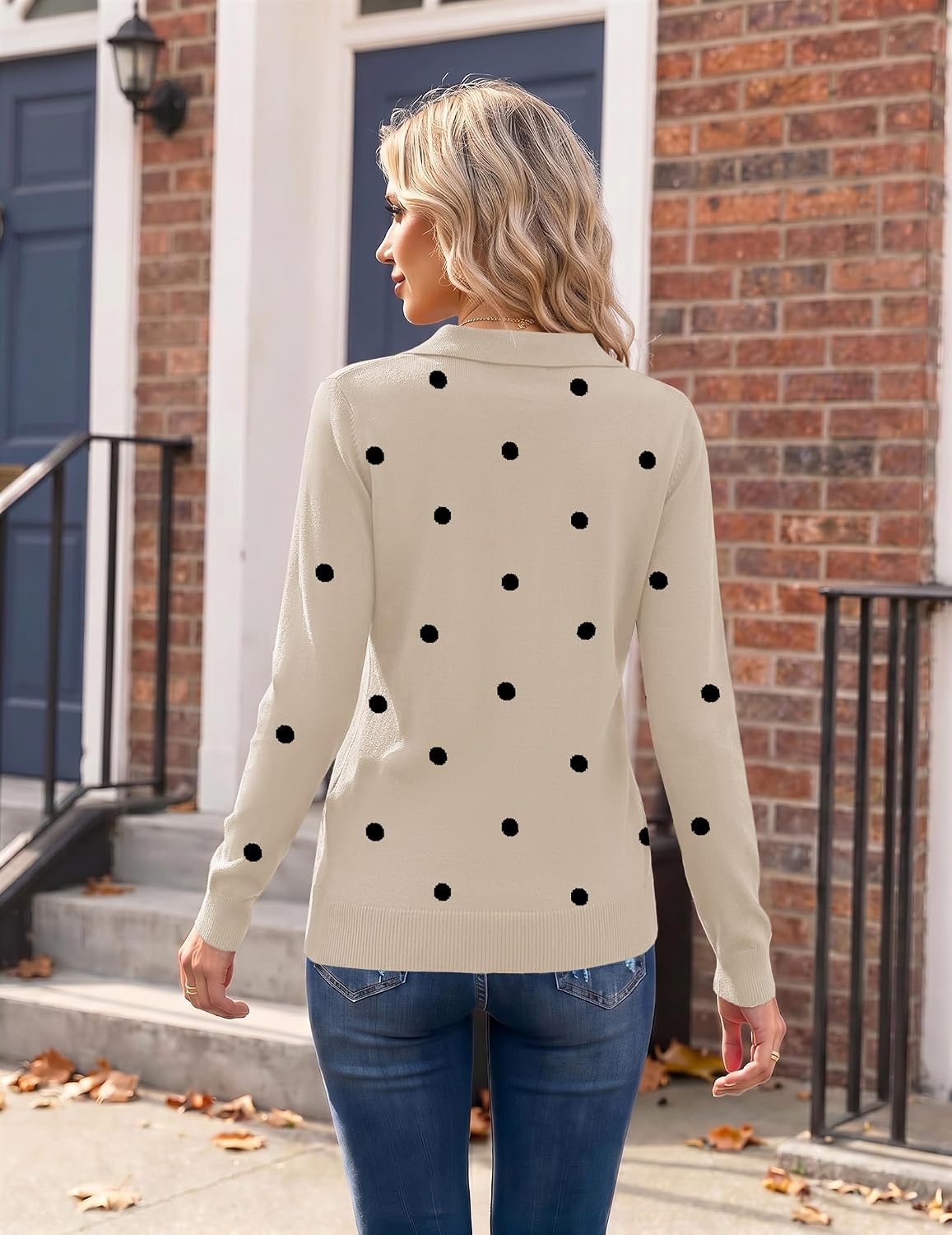 image:imageZeagoo Womens Sweaters Long Sleeve Polo V Neck Knitted Business Casual TopsPolka Dot Apricot