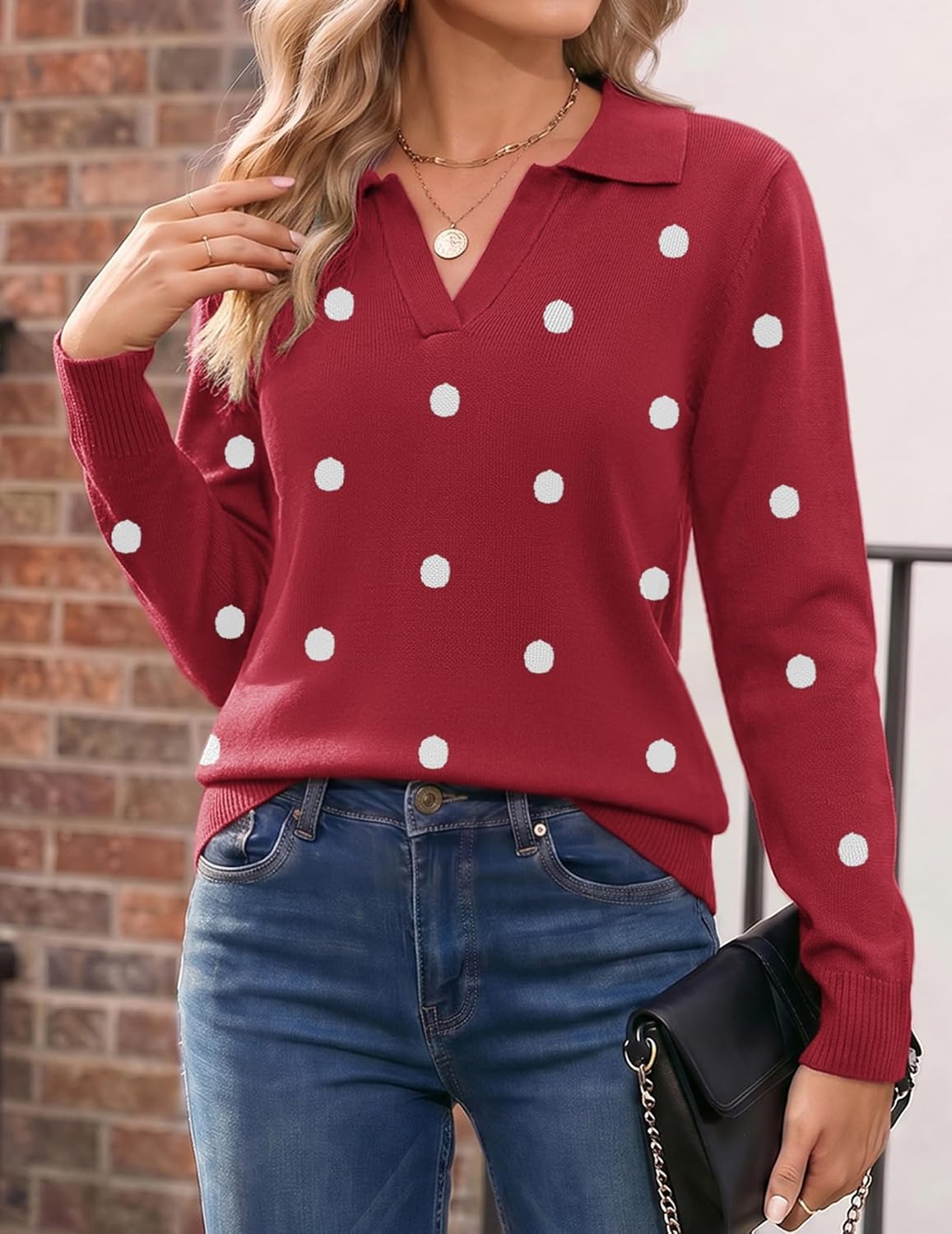 image:imageZeagoo Womens Sweaters Long Sleeve Polo V Neck Knitted Business Casual TopsPolka Dot Red