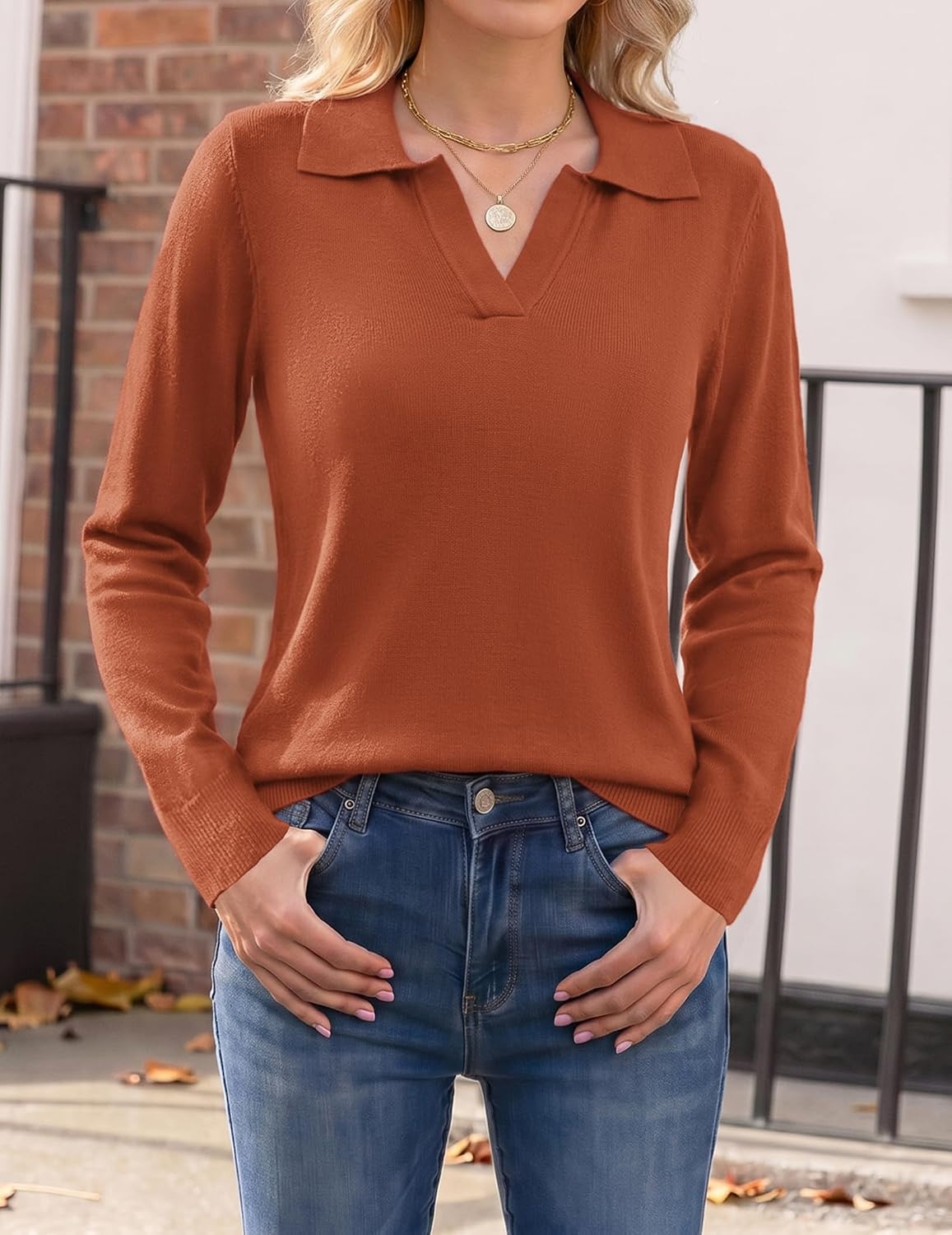 image:imageZeagoo Womens Sweaters Long Sleeve Polo V Neck Knitted Business Casual TopsRust Red