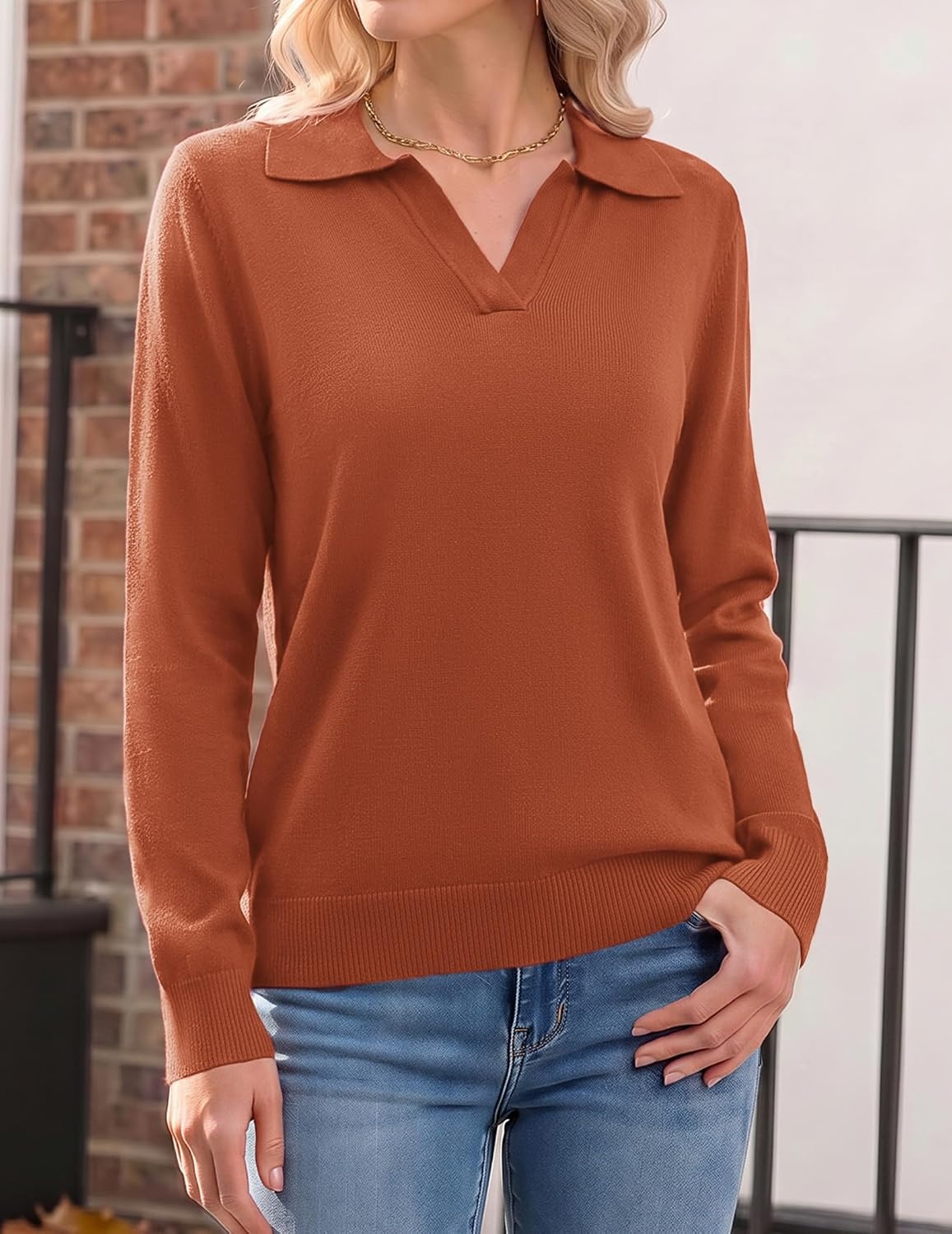 image:imageZeagoo Womens Sweaters Long Sleeve Polo V Neck Knitted Business Casual TopsRust Red