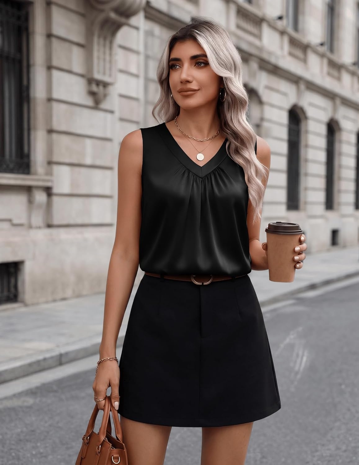 image:imageZeagoo Womens Tank Tops Satin Silk Sleeveless Tops V Neck Pleated ShirtsAblack