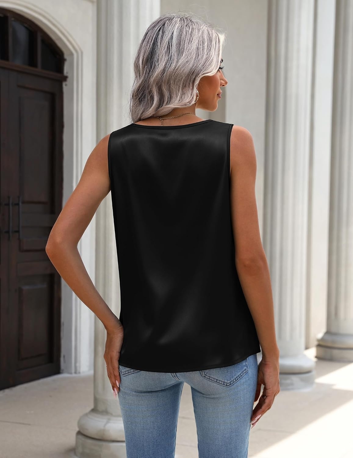 image:imageZeagoo Womens Tank Tops Satin Silk Sleeveless Tops V Neck Pleated ShirtsAblack