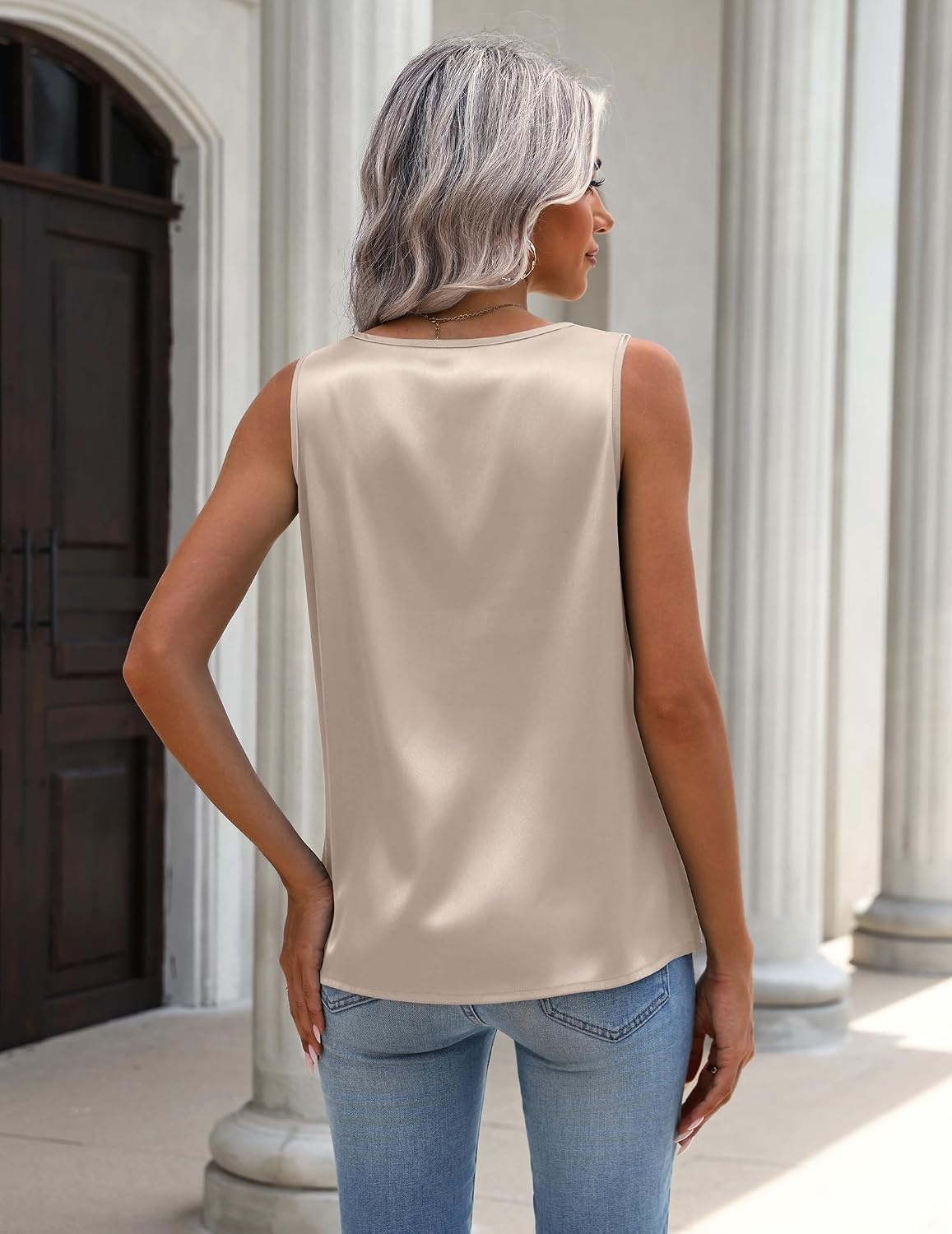 image:imageZeagoo Womens Tank Tops Satin Silk Sleeveless Tops V Neck Pleated ShirtsLight Champagne
