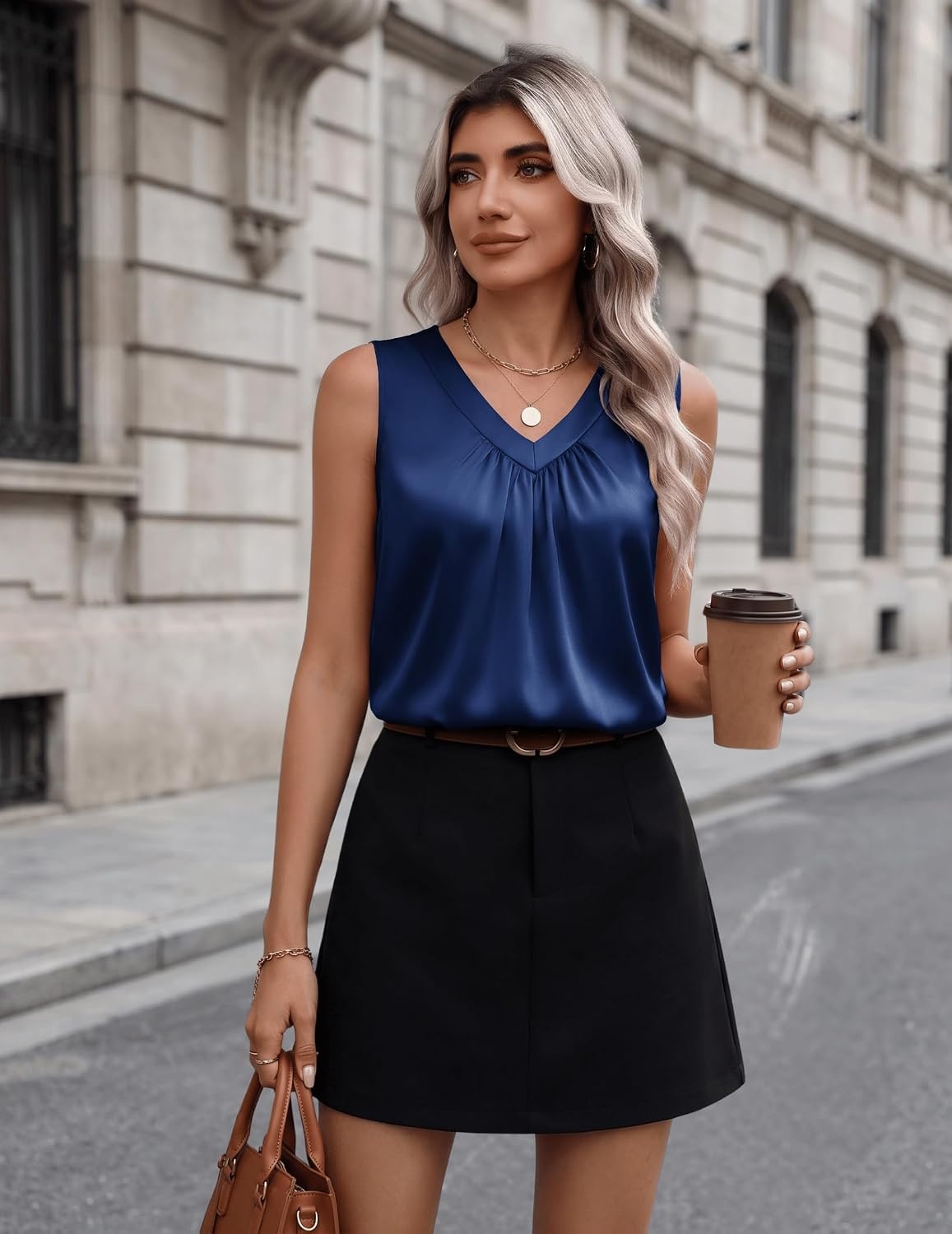 image:imageZeagoo Womens Tank Tops Satin Silk Sleeveless Tops V Neck Pleated ShirtsNavy Blue