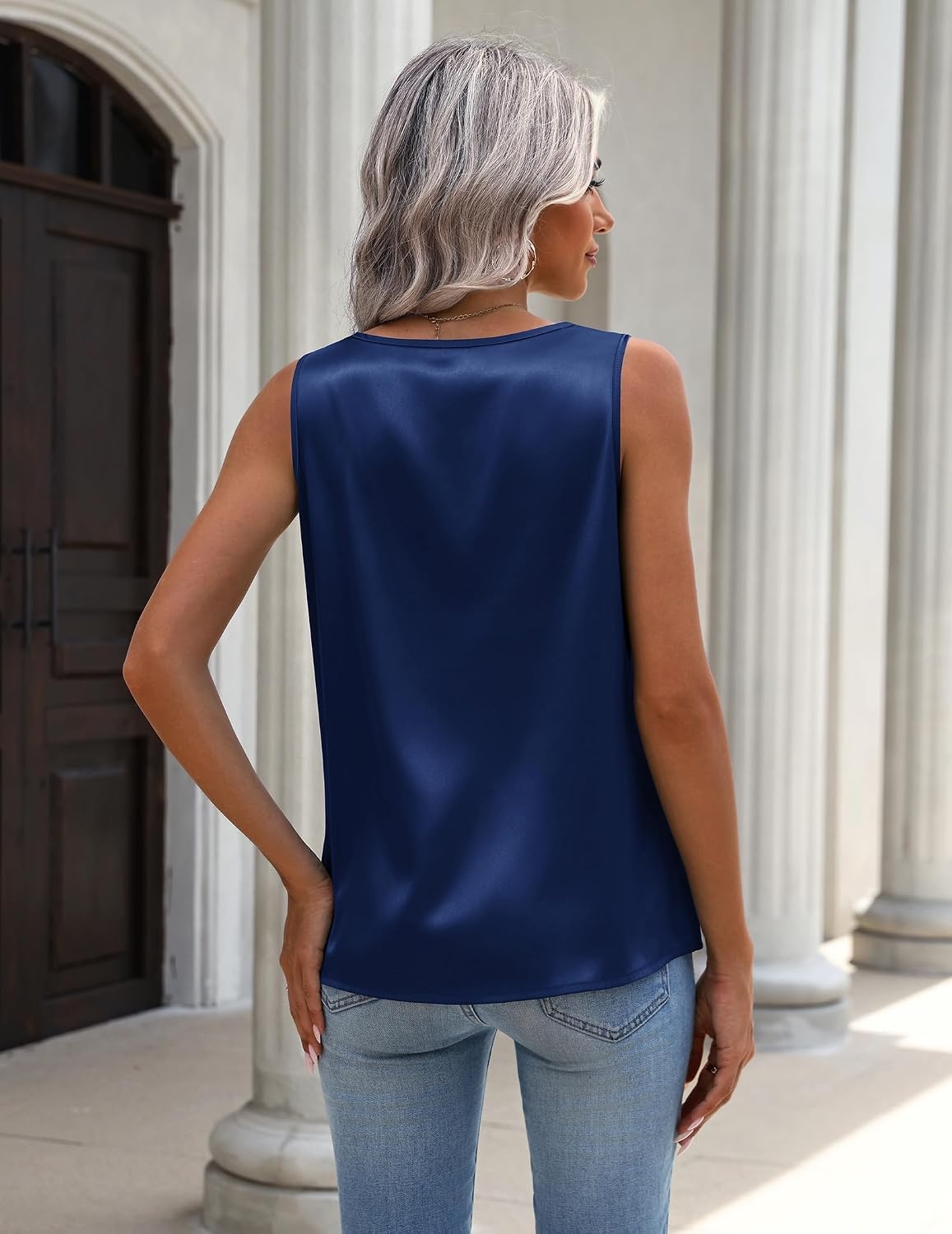 image:imageZeagoo Womens Tank Tops Satin Silk Sleeveless Tops V Neck Pleated ShirtsNavy Blue