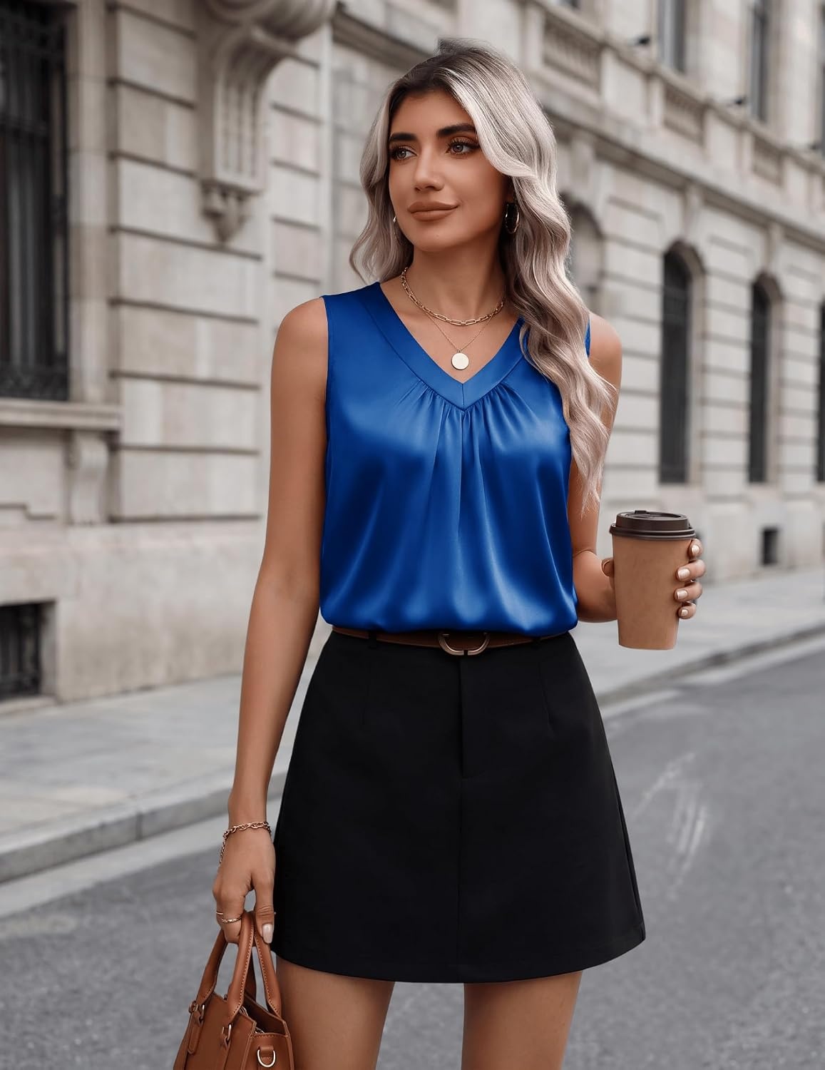 image:imageZeagoo Womens Tank Tops Satin Silk Sleeveless Tops V Neck Pleated ShirtsSky Blue