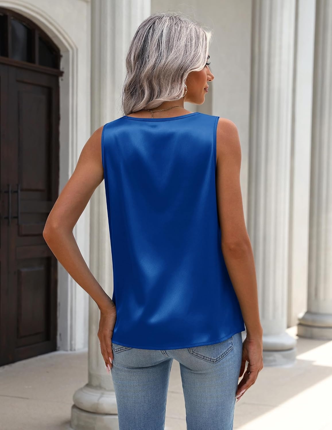 image:imageZeagoo Womens Tank Tops Satin Silk Sleeveless Tops V Neck Pleated ShirtsSky Blue
